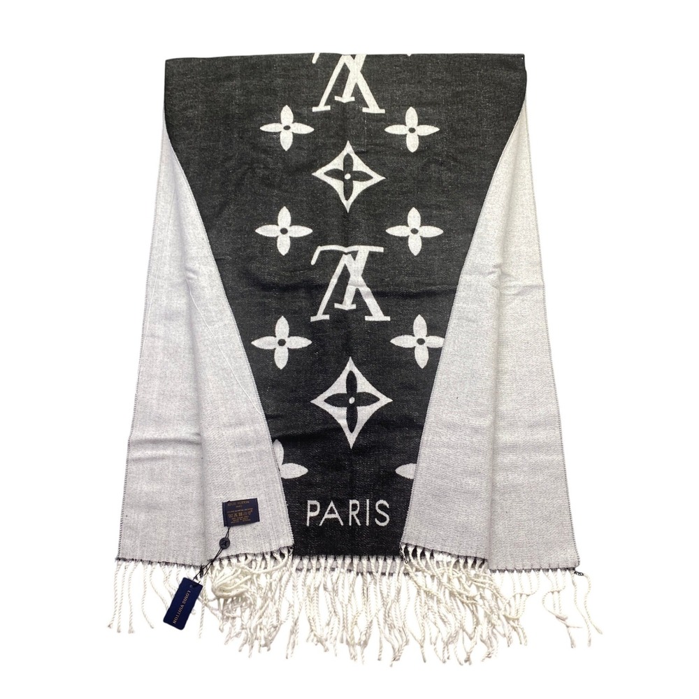 Louis Vuitton Monogram Scarf Black Silver Silk Wool M75748 MR0135 Made in Italy